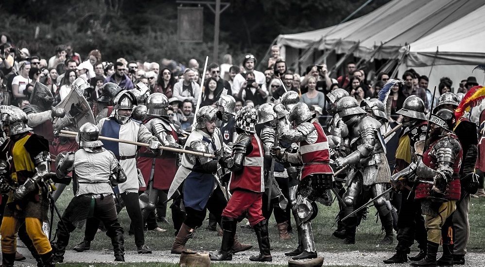 Armoured re-enactors in battle display