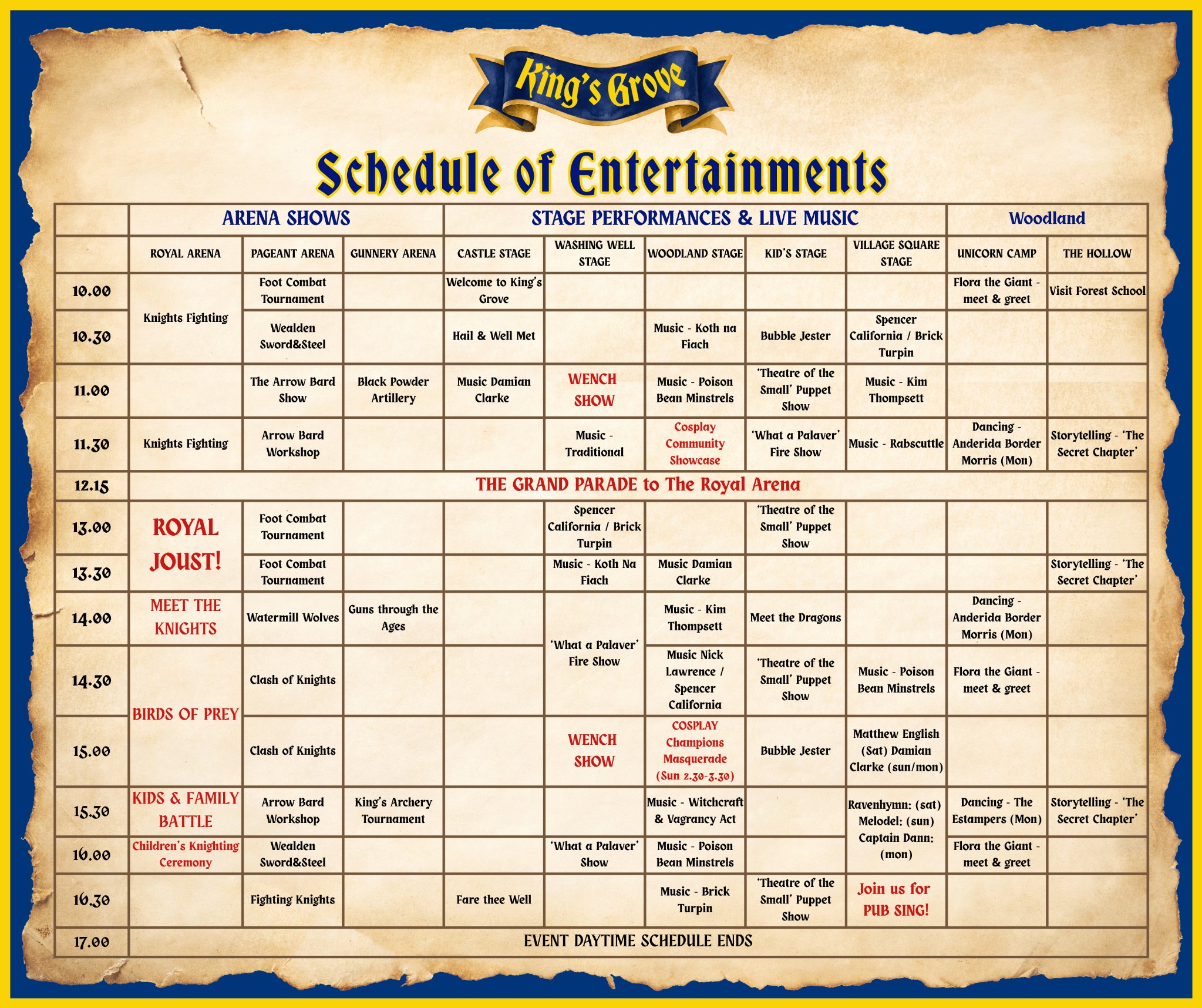 EMF King's Grove 2026 daytime schedule of entertainment