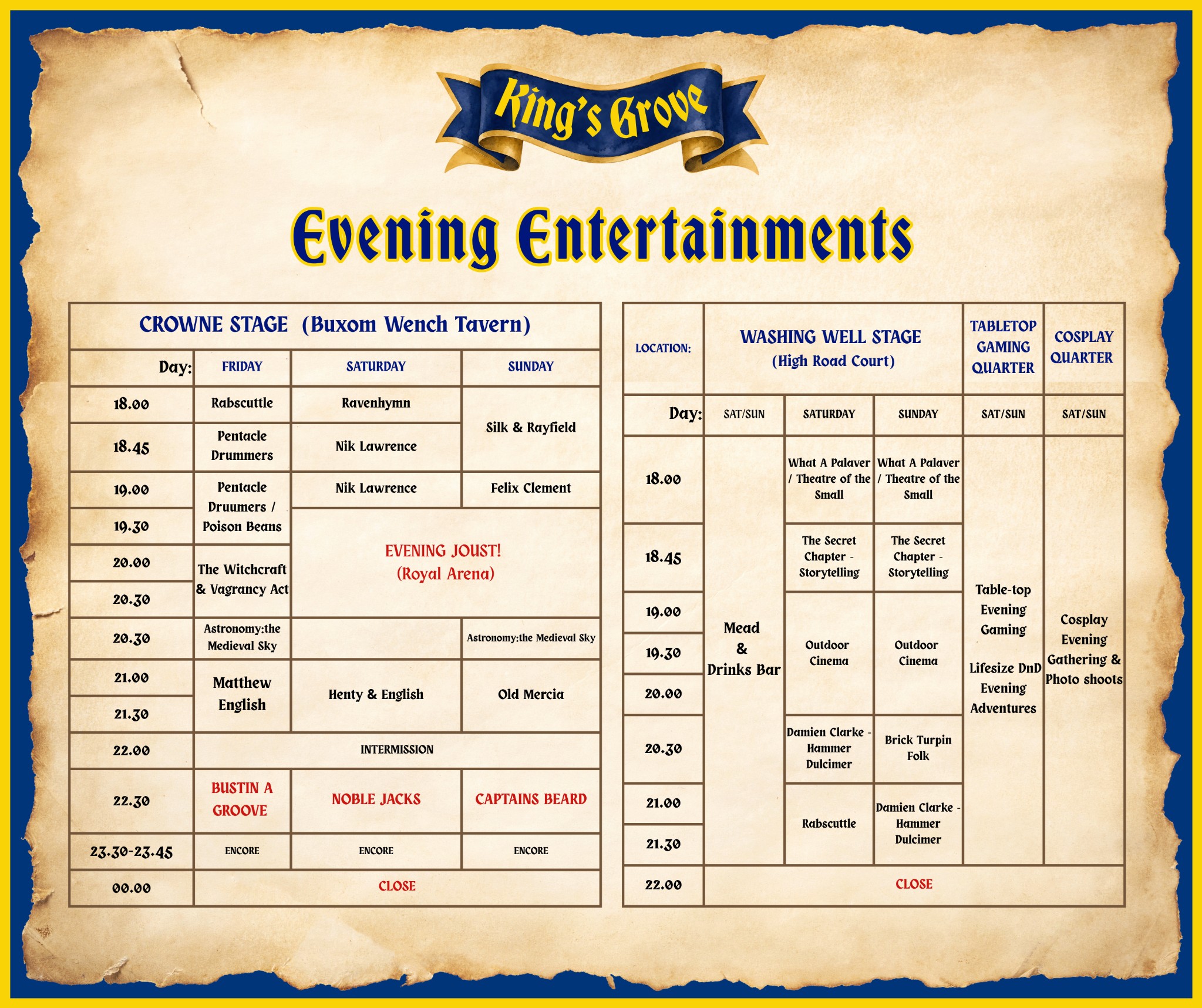 EMF King's Grove 2026 evening entertainment schedule